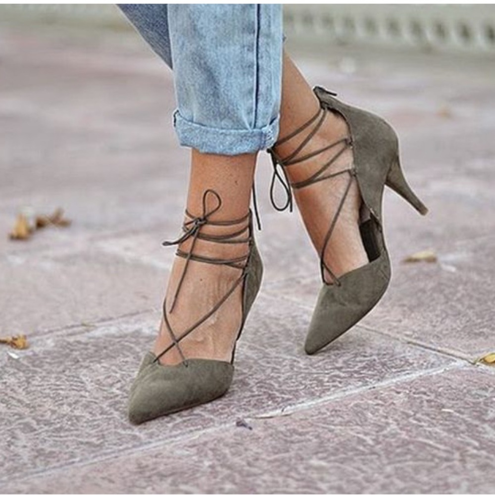 ZARA WOMENS Khaki VAMP ANKLE WRAP POINTED TOE HEELED SHOES.
